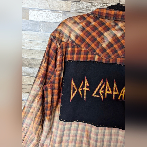 Def Leppard Upcycled Dip Dye Bleach Flannel Shirt - Picture 3 of 15